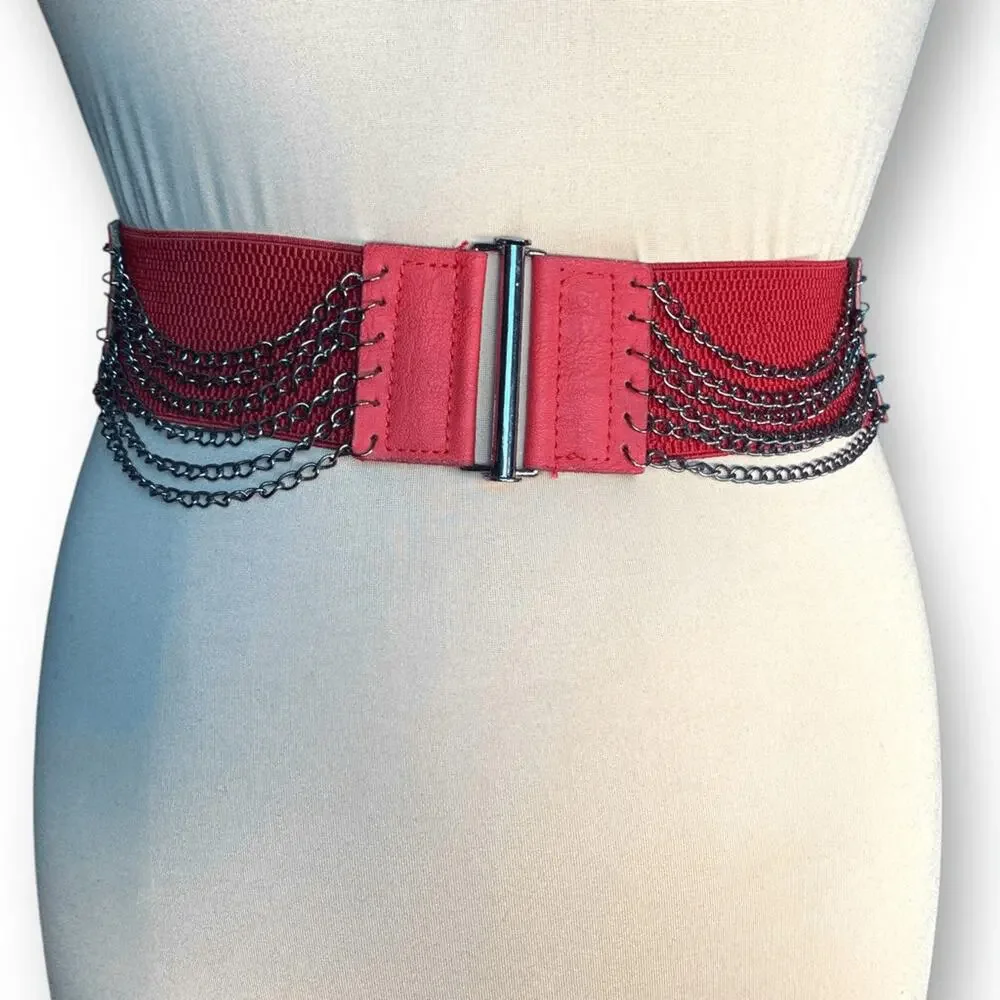 Vintage Y2K Red Leather Layered Chain Belt Festival Statement Edgy Accessory